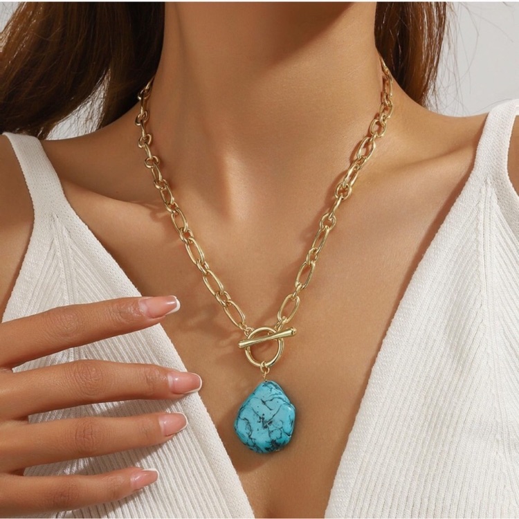 18k Gold Plated Necklace With Turquoise Stone New 39$